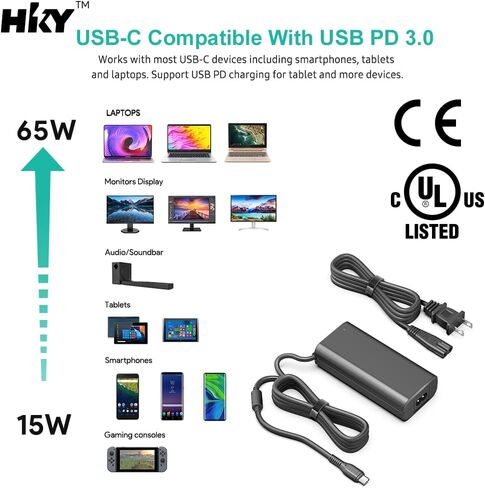 HKY 65W USB Type C Charger Compatible with Dell Inspiron 13 5310 XPS 13 Dell Chromebook Latitude 7420 7400 7370 7320 5520 5500 5400 5300 5310 5320 3100 Laptop Surface pro 10 Tablet Power Supply Cord in Kuwait