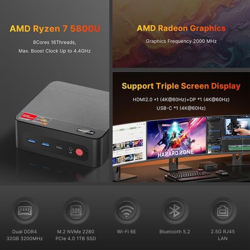 P4 Pro Mini PC, AMD Ryzen 7 5800U Processor Mini Gaming Computer(8C/16T, up to 4.4GHz) 32GB RAM, 1TB M.2 SSD, Triple Display Desktop PC, Pre-in Windows 11 Pro, Dual LAN, WiFi 6E, BT 5.2 in Saudi Arabia