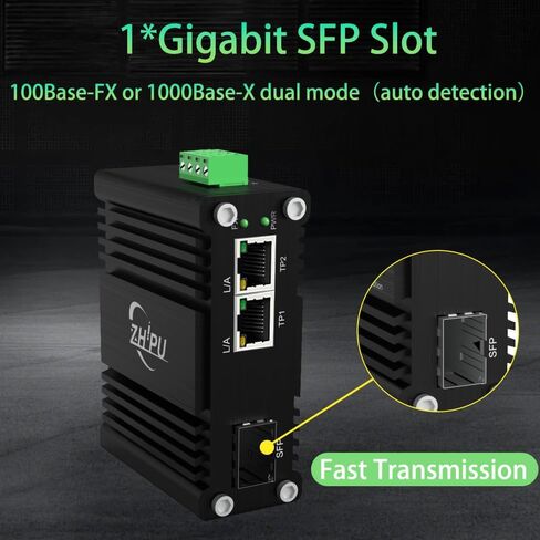محول وسائط SFP صناعي صغير من الألياف إلى إيثرنت يدعم تركيب DIN-Rail، وفتحات 1x 100/1000Base-X SFP إلى 2X 10/100/1000Base-T RJ45 Gigabit 2 Port Fiber Converter، 12~48V DC مدخلات الطاقة in Saudi Arabia