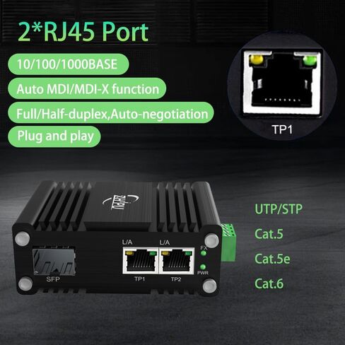 محول وسائط SFP صناعي صغير من الألياف إلى إيثرنت يدعم تركيب DIN-Rail، وفتحات 1x 100/1000Base-X SFP إلى 2X 10/100/1000Base-T RJ45 Gigabit 2 Port Fiber Converter، 12~48V DC مدخلات الطاقة in Saudi Arabia