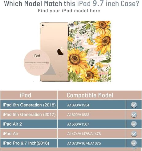 IPad Air 2 Case, iPad 6th Generation Cases, iPad 5th Generation Case, iPad 9.7 inch Case, iPad Case Multi-Angle Viewing Smart Protective iPad Cover 6th Generation, Auto Wake Up/Sleep, Retro Sunflower in Saudi Arabia
