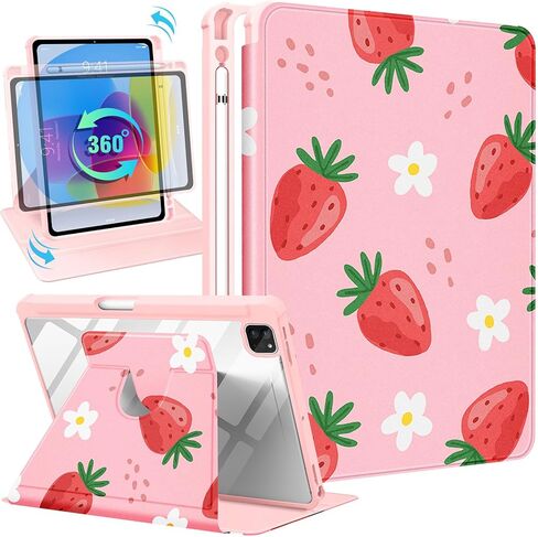 for iPad Pro 12.9 Case Folio Cover with Pencil Holder Girls Women Kids Cute Girly Strawberry Kawaii Teens Flower Rotating Stand for Apple iPad Pro 12.9 Inch Cases 2022/2021/2020/2018 in Saudi Arabia