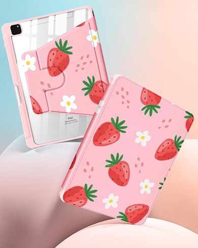 for iPad Pro 12.9 Case Folio Cover with Pencil Holder Girls Women Kids Cute Girly Strawberry Kawaii Teens Flower Rotating Stand for Apple iPad Pro 12.9 Inch Cases 2022/2021/2020/2018 in Saudi Arabia