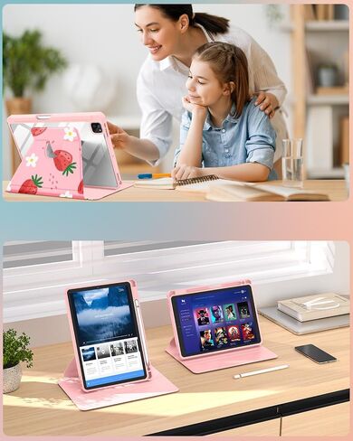 for iPad Pro 12.9 Case Folio Cover with Pencil Holder Girls Women Kids Cute Girly Strawberry Kawaii Teens Flower Rotating Stand for Apple iPad Pro 12.9 Inch Cases 2022/2021/2020/2018 in Saudi Arabia