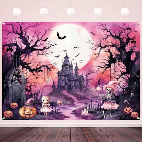 Pink Halloween Photography Backdrop Large Happy Birthday Halloween Banner Background Haunted House Witch Halloween Party Decorations Tapestry Wall Decor Photo Props for Kids 7x5ft in Saudi Arabia