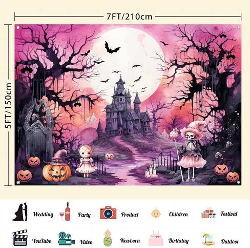 Pink Halloween Photography Backdrop Large Happy Birthday Halloween Banner Background Haunted House Witch Halloween Party Decorations Tapestry Wall Decor Photo Props for Kids 7x5ft in Saudi Arabia