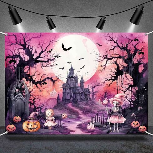 Pink Halloween Photography Backdrop Large Happy Birthday Halloween Banner Background Haunted House Witch Halloween Party Decorations Tapestry Wall Decor Photo Props for Kids 7x5ft in Saudi Arabia