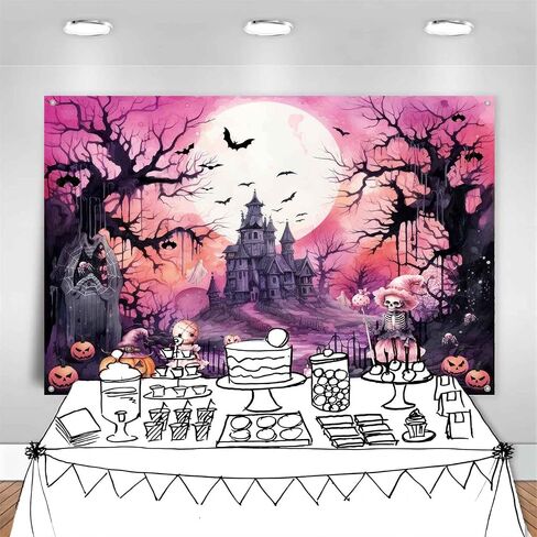 Pink Halloween Photography Backdrop Large Happy Birthday Halloween Banner Background Haunted House Witch Halloween Party Decorations Tapestry Wall Decor Photo Props for Kids 7x5ft in Saudi Arabia