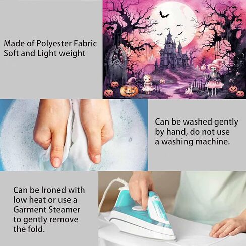 Pink Halloween Photography Backdrop Large Happy Birthday Halloween Banner Background Haunted House Witch Halloween Party Decorations Tapestry Wall Decor Photo Props for Kids 7x5ft in Saudi Arabia