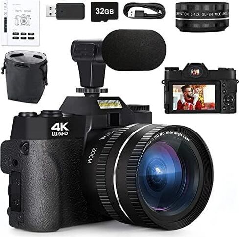 كاميرات رقمية بدقة 4K للتصوير الفوتوغرافي، وكاميرا تكبير رقمية 16X، وكاميرا فيديو بزاوية واسعة وعدسات ماكرو، وكاميرا تسجيل فيديو بشاشة قلاب لليوتيوب، وميكروفون خارجي، وبطاقة TF سعة 32 جيجابايت - أسود in Kuwait