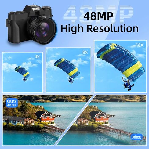 كاميرات رقمية بدقة 4K للتصوير الفوتوغرافي، وكاميرا تكبير رقمية 16X، وكاميرا فيديو بزاوية واسعة وعدسات ماكرو، وكاميرا تسجيل فيديو بشاشة قلاب لليوتيوب، وميكروفون خارجي، وبطاقة TF سعة 32 جيجابايت - أسود in Kuwait