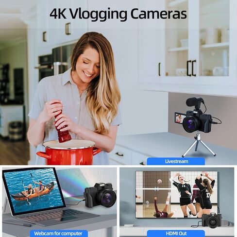 كاميرات رقمية بدقة 4K للتصوير الفوتوغرافي، وكاميرا تكبير رقمية 16X، وكاميرا فيديو بزاوية واسعة وعدسات ماكرو، وكاميرا تسجيل فيديو بشاشة قلاب لليوتيوب، وميكروفون خارجي، وبطاقة TF سعة 32 جيجابايت - أسود in Kuwait