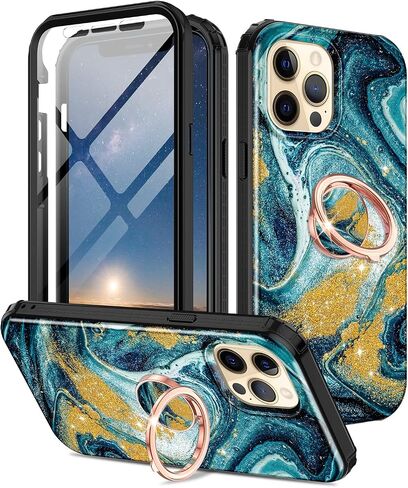 حافظة Btscase لهاتف iPhone 12 Pro Max مقاس 6.7 بوصة، واقي شاشة مدمج مع حامل حلقي 360 درجة، غطاء واقٍ متين مقاوم للصدمات بطبقة مزدوجة لكامل الجسم، ذهبي وردي in Kuwait