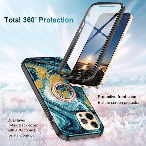 حافظة Btscase لهاتف iPhone 12 Pro Max مقاس 6.7 بوصة، واقي شاشة مدمج مع حامل حلقي 360 درجة، غطاء واقٍ متين مقاوم للصدمات بطبقة مزدوجة لكامل الجسم، ذهبي وردي in Kuwait