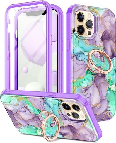 حافظة Btscase لهاتف iPhone 12 Pro Max مقاس 6.7 بوصة، واقي شاشة مدمج مع حامل حلقي 360 درجة، غطاء واقٍ متين مقاوم للصدمات بطبقة مزدوجة لكامل الجسم، ذهبي وردي in Kuwait