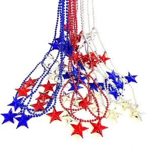 GZYSSL 24 Pcs 4th of July Pentagram Party Bead Necklaces Independence Day Red Bule Silver Beads Bulk Memorial Day Patriotic Parade Necklaces Party Favors