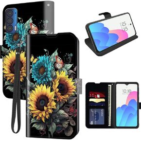 FUYOCWE Case for Motorola Moto Edge 2021/Edge 5G UW Wallet Phone Case with Card Holder Slot,PU Leather Folding Kickstand Magnetic Snap Flip Cover Case w/Wrist Strap-Sunflower Butterfly