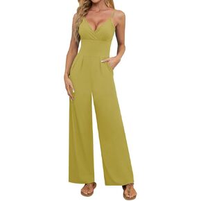 Tanou Womens Summer Casual Jumpsuits Spaghetti Straps Wide Leg Rompers V Neck High Waist Sleeveless Outfits with Pockets