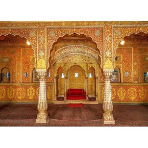BELECO 7x5ft Fabric Indian Royal Palace Backdrop Interior Private Audience Hall in Anup Mahal and Maharaja Throne with Gold Carvings Photography Background for Travel Portrait Photo Studio Props