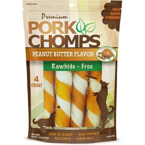 Pork Chomps Baked Pork Skin Dog Chew, 6-inch Twists, Peanut Butter Wrap, 4 Count