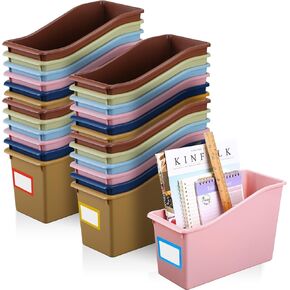 Jinei 24 Pack Book Bins for Classroom Bulk Book and Binder Holders with Name Labels Assorted Color Plastic Classroom Organization Book Bins Baskets Boxes Teacher Storage Bins for Classroom Home Office