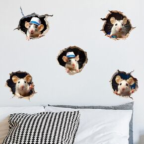 SUPERDANT 3D Mouse Wall Sticker Mouse Hole Stickers Mouse in a Hole Decals 5 Cute Mice Animal Funny Floor Vinyl Decor for Kids Room Living Room Nursery Bedroom Wall Decor