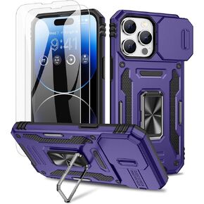 Maxdara for iPhone 14 Pro Max Case, with Slide Camera Cover & Built-in 360° Rotating Kickstand & Front Glass Screen Protector Protective Phone Case for iPhone 14 ProMax 6.7 inch, Black