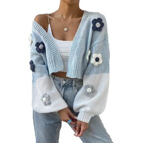 SweatyRocks Women's Cute Floral Long Sleeve V Neck Tie Front Knit Cardigan Sweater Crop Top Orange M