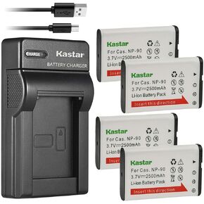 Kastar 4-Pack Battery and Slim USB Charger Compatible with Casio NP-90 NP-90DBA Battery, BC-90L Charger, Casio Exilim EX-FH100 EX-FH100BK, EX-H10, EX-H15, Exilim EX-H20 EX-H20G EX-H20GBK EX-H20GSR