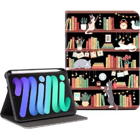 iPad Mini 6 Case, iPad 8.3" Case for iPad Mini 6th Generation Case with Pencil Holder[Apple Pencil Charging+Touch ID],Multi-Angle View Case Adjustable Stand Auto Wake/Sleep, Bookshelf Cat