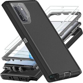 for Samsung Galaxy Note 10 Case, Military Grade Shockproof/Drop Proof/Dust Proof Case with 2Pcs Self Healing Flexible TPU Screen Protector & Camera Lens Protector (Black/Grey)