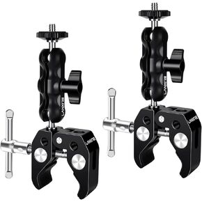 Camera Mount Clamp with Double Ball Head Adapter - 2 Pack. Compatible with LED Lights, Gopro, Insta360, DJI Action, Ronin-M, Ronin MX. 360° Ballhead and 1/4’’ + 3/8’’ Thread Hole.