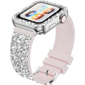 iiteeology Glitter Bands Compatible with Apple Watch Band with Case 45/44/42mm 41/40/38mm Women, Sparkle Silicone Bling Band with Bumper Rhinestone Case for iWatch SE Series 9/8/7/6/5/4/3/2/1