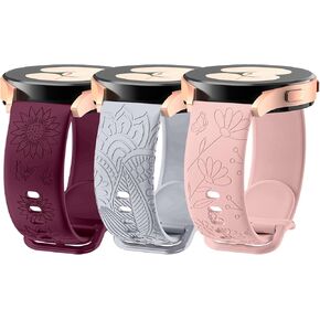 Floral Engraved Bands Compatible with Samsung Galaxy Watch 7 6 5 4 Band 40mm 44mm/Watch 5 Pro 45mm/Watch 6/4 Classic 43mm 47mm 42mm 46mm/Active 2 40mm 44mm, 20mm Silicone Watch Band for Women