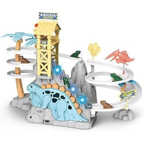 Dinosaur Climbing Slide Toy, Dinosaur Race Track Game Set Dino Car Track Adventure Slide Toy with Climbing Stairs, Lights and Music Toy for Toddlers Kids Boys Girls Age 3-8 - Green