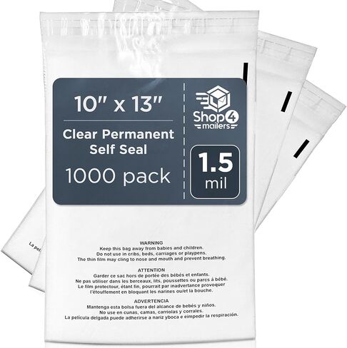 10 x 13 Clear Plastic Flat Poly Bags with Suffocation Warning Self Seal Adhesive 1.5 Mil for Business FBA Packaging, Jewelry, Clothes, Prints, Storage – Permanent Seal (200 Pack) in Kuwait