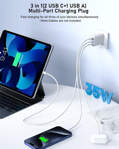 3 عبوات، كتلة شحن سريعة 35 وات، كتلة شاحن USB C سريعة 3 منافذ، محول طاقة PD مزدوج المنفذ + QC 3.0 USB A مقبس حائط متعدد المنافذ C نوع كتلة شحن لهاتف iPhone 15/15 Pro/15 Pro Max/15 Plus/14 /13/12/11/س in Kuwait