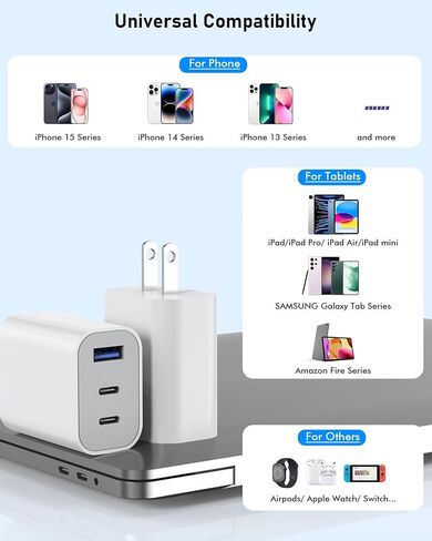 3 عبوات، كتلة شحن سريعة 35 وات، كتلة شاحن USB C سريعة 3 منافذ، محول طاقة PD مزدوج المنفذ + QC 3.0 USB A مقبس حائط متعدد المنافذ C نوع كتلة شحن لهاتف iPhone 15/15 Pro/15 Pro Max/15 Plus/14 /13/12/11/س in Kuwait