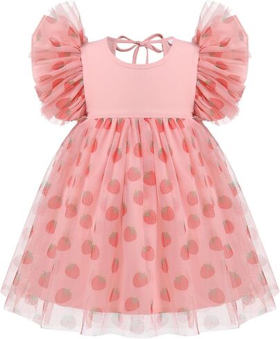 Baby Girl 1st Birthday Dress Ruffle Sleeve Rainbow Strawberry Tulle Dress Cake Smash Photo Shoot Tutu Dresses in Kuwait