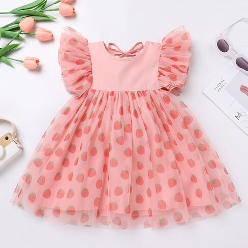 Baby Girl 1st Birthday Dress Ruffle Sleeve Rainbow Strawberry Tulle Dress Cake Smash Photo Shoot Tutu Dresses in Kuwait