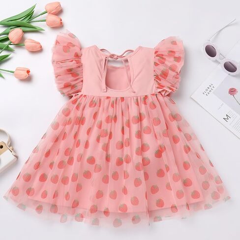 Baby Girl 1st Birthday Dress Ruffle Sleeve Rainbow Strawberry Tulle Dress Cake Smash Photo Shoot Tutu Dresses in Kuwait