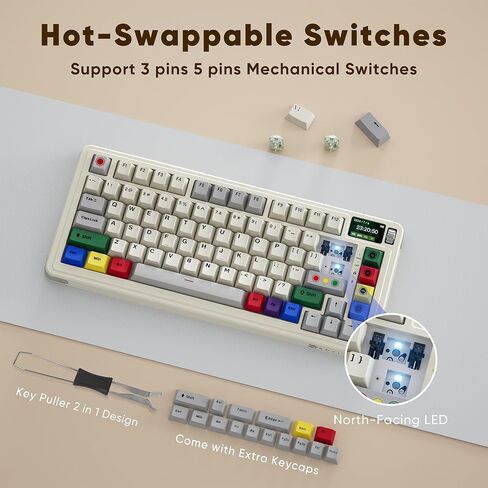 BOYI C75Pro Retro Mechanical Keyboard,75% Gasket BT5.0/2.4G/Type-C Tri-Mode RGB 4000mAh Wireless Gaming Keyboard Hot Swappable Linear Switch Creamy Sound with TFT Screen Display&Knob Roller in Saudi Arabia