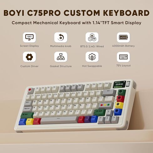 BOYI C75Pro Retro Mechanical Keyboard,75% Gasket BT5.0/2.4G/Type-C Tri-Mode RGB 4000mAh Wireless Gaming Keyboard Hot Swappable Linear Switch Creamy Sound with TFT Screen Display&Knob Roller in Saudi Arabia