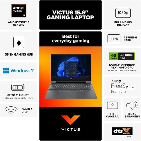 كمبيوتر محمول HP Victus للألعاب، شاشة 15.6 بوصة FHD IPS 144 هرتز، AMD Ryzen 5-8645HS، NVIDIA GeForce RTX 4050، Wi-Fi 6، لوحة مفاتيح بإضاءة خلفية، Win11 Home، مع لوحة ماوس (ذاكرة الوصول العشوائي 32 جيجابايت | 2 تيرابايت PCIe SSD) in Saudi Arabia