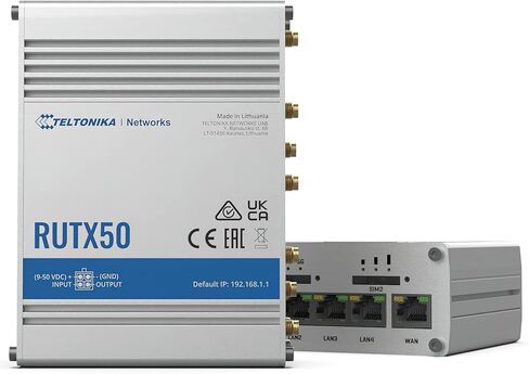 Teltonika RUTX50000300 موديل RUTX50 Industrial 5G Router، سرعات تصل إلى 3.3 جيجابت في الثانية، ثنائي الشريحة، 5X منافذ إيثرنت، ما يصل إلى 150 اتصال، غلاف من الألومنيوم، وحدة PSU الأمريكية لأمريكا الجنوبية؛ ليس للاستخدام في الولايات المتحدة الأمريكية in Kuwait