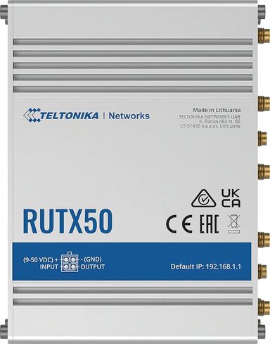 Teltonika RUTX50000300 موديل RUTX50 Industrial 5G Router، سرعات تصل إلى 3.3 جيجابت في الثانية، ثنائي الشريحة، 5X منافذ إيثرنت، ما يصل إلى 150 اتصال، غلاف من الألومنيوم، وحدة PSU الأمريكية لأمريكا الجنوبية؛ ليس للاستخدام في الولايات المتحدة الأمريكية in Kuwait