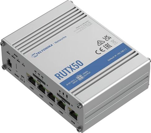 Teltonika RUTX50000300 موديل RUTX50 Industrial 5G Router، سرعات تصل إلى 3.3 جيجابت في الثانية، ثنائي الشريحة، 5X منافذ إيثرنت، ما يصل إلى 150 اتصال، غلاف من الألومنيوم، وحدة PSU الأمريكية لأمريكا الجنوبية؛ ليس للاستخدام في الولايات المتحدة الأمريكية in Kuwait