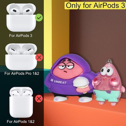 [2Pack] Cute for AirPods 3 Case Cover, 3D Cartoon Animal for AirPods 3st Generation Case SponBo Star with Cleaning Pen Accessories Set, Funny Silicone Cover for AirPods 3st Gen Case for Girls Boys in Saudi Arabia