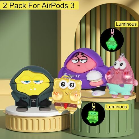 [2Pack] Cute for AirPods 3 Case Cover, 3D Cartoon Animal for AirPods 3st Generation Case SponBo Star with Cleaning Pen Accessories Set, Funny Silicone Cover for AirPods 3st Gen Case for Girls Boys in Saudi Arabia
