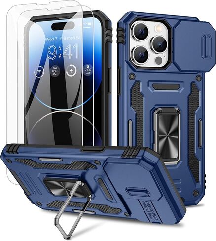 Maxdara for iPhone 14 Pro Max Case, with Slide Camera Cover & Built-in 360° Rotating Kickstand & Front Glass Screen Protector Protective Phone Case for iPhone 14 ProMax 6.7 inch, Black in Saudi Arabia